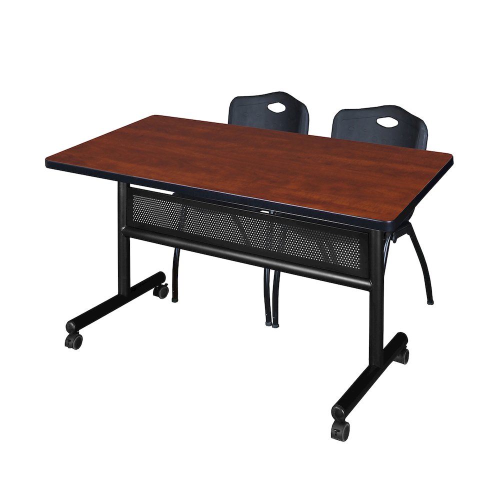 48 x 30 in. Flip-Top Privacy Nesting Table- Cherry, 2 M Stack Chairs- Black. Picture 1