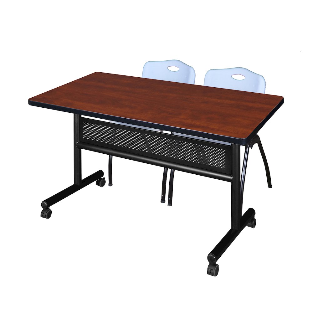 48 x 30 in. Flip-Top Privacy Nesting Table- Cherry, 2 M Stack Chairs- Grey. Picture 1