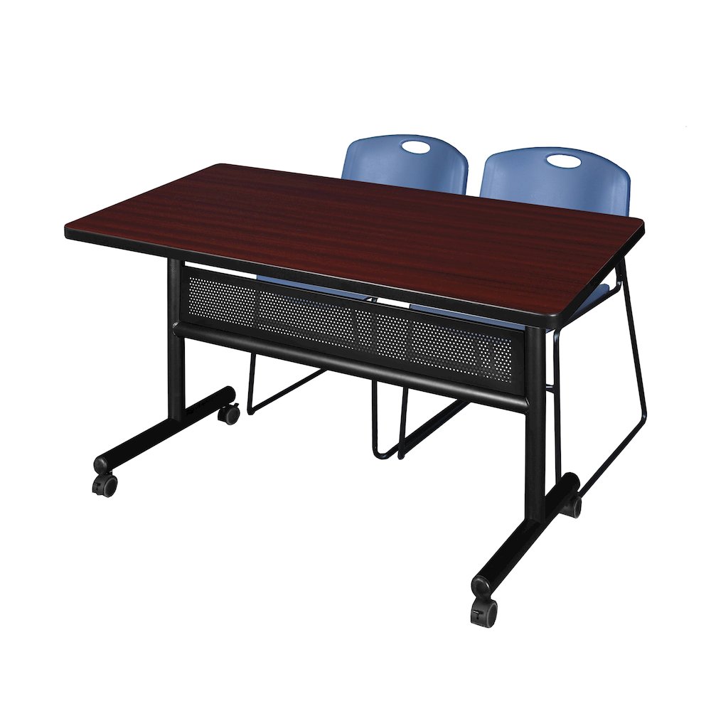 48 x 30 in. Flip-Top Privacy Nesting Table- Mahogany, 2 Zeng Stack Chairs- Blue. Picture 1