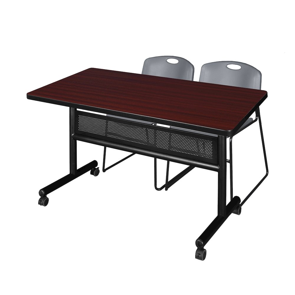 48 x 30 in. Flip-Top Privacy Nesting Table- Mahogany, 2 Zeng Stack Chairs- Grey. Picture 1