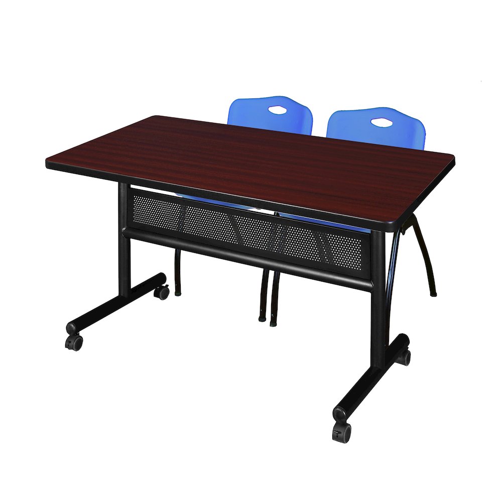 48 x 30 in. Flip-Top Privacy Nesting Table- Mahogany, 2 M Stack Chairs- Blue. Picture 1