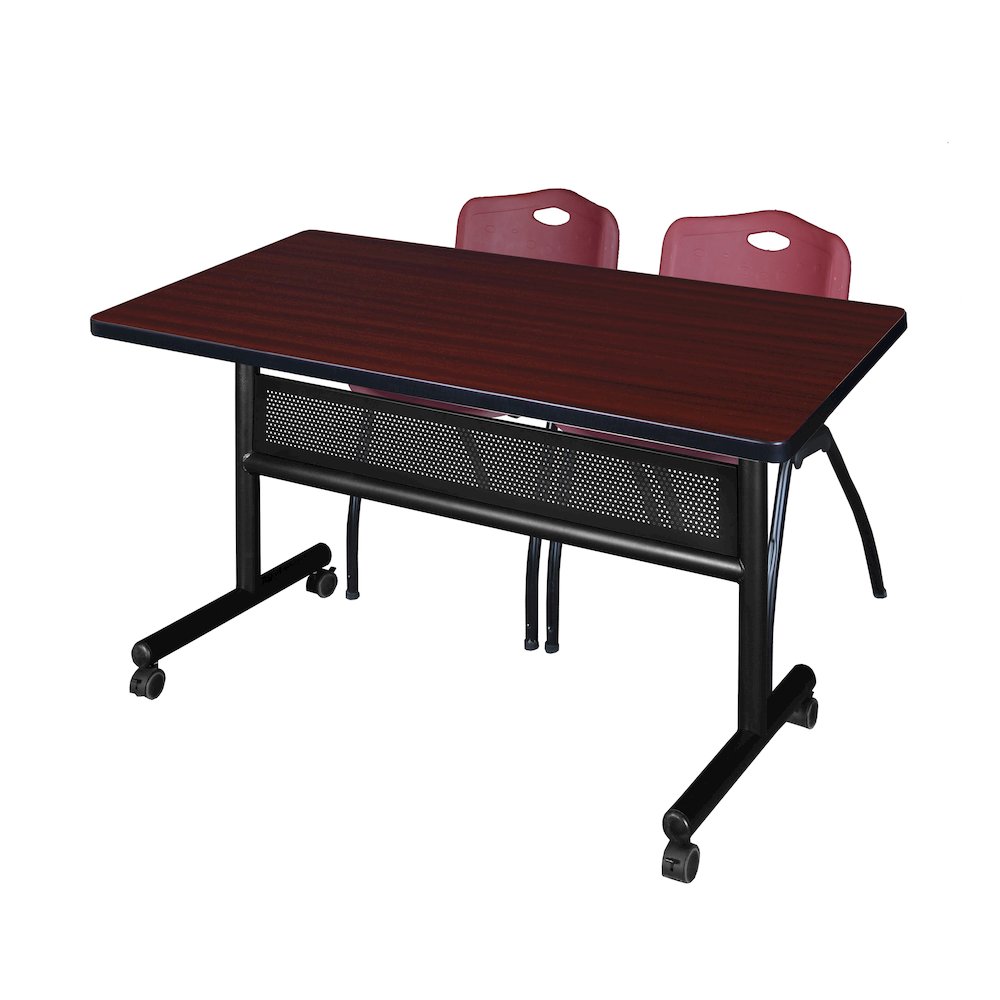 48 x 30 in. Flip-Top Privacy Nesting Table- Mahogany, 2 M Stack Chairs- Burgundy. Picture 1