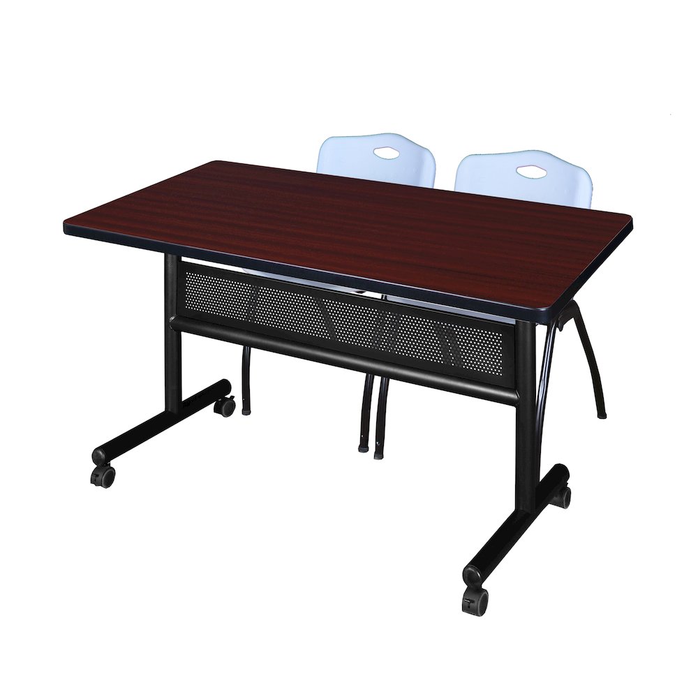 48 x 30 in. Flip-Top Privacy Nesting Table- Mahogany, 2 M Stack Chairs- Grey. Picture 1