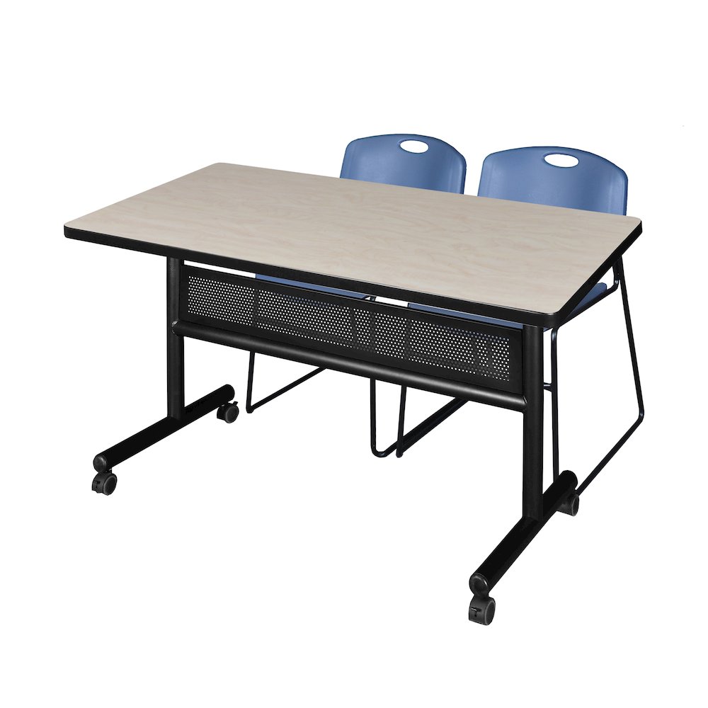 48 x 30 in. Flip-Top Privacy Nesting Table- Maple, 2 Zeng Stack Chairs- Blue. Picture 1