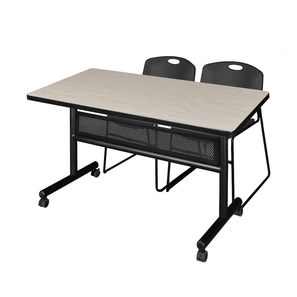 48 x 30 in. Flip-Top Privacy Nesting Table- Maple, 2 Zeng Stack Chairs- Black. Picture 1