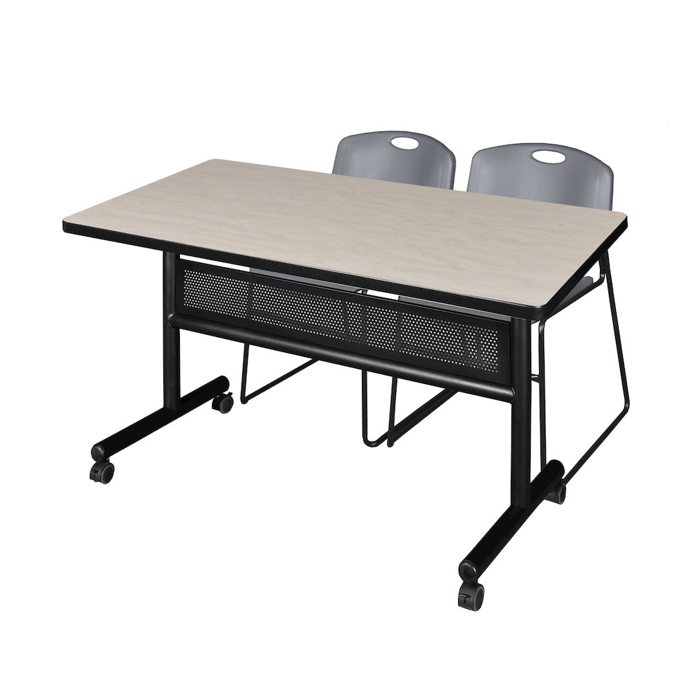48 x 30 in. Flip-Top Privacy Nesting Table- Maple, 2 Zeng Stack Chairs- Grey. Picture 1