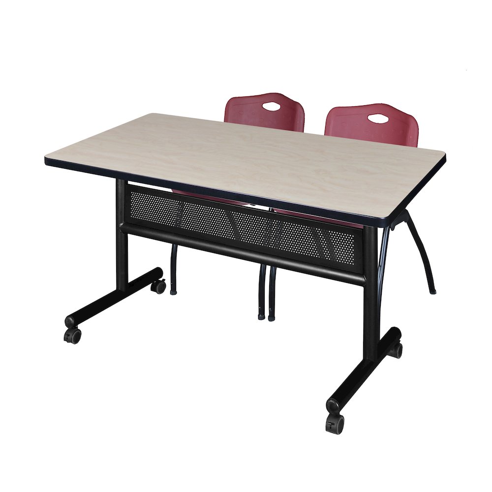 48 x 30 in. Flip-Top Privacy Nesting Table- Maple, 2 M Stack Chairs- Burgundy. Picture 1