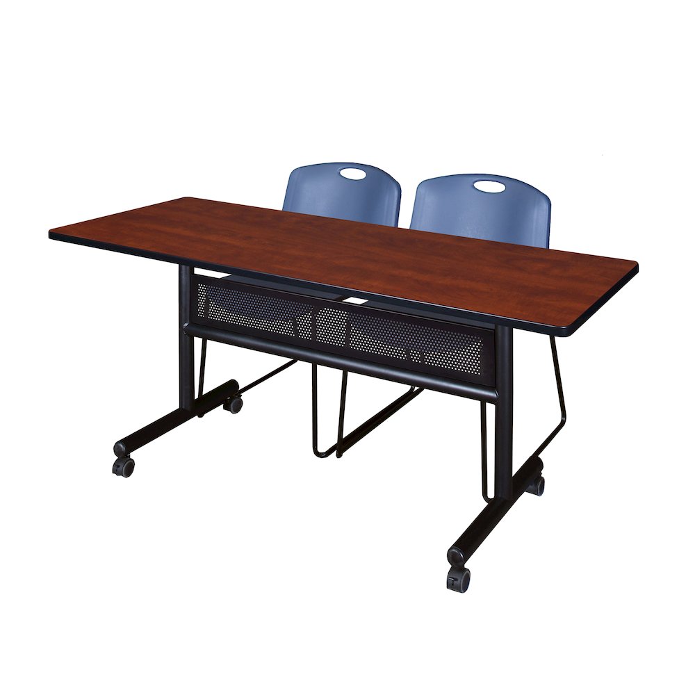 60 x 24 in. Flip-Top Privacy Nesting Table- Cherry, 2 Zeng Stack Chairs- Blue. Picture 1