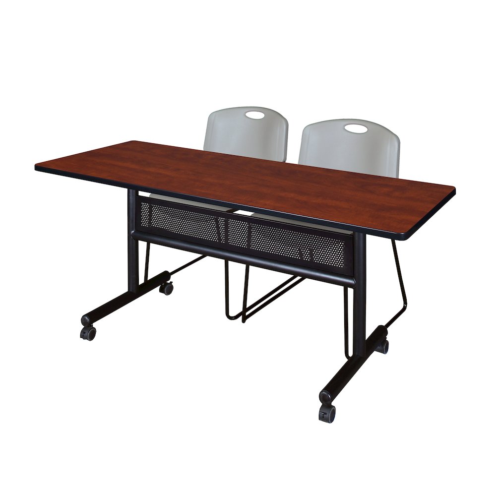 60 x 24 in. Flip-Top Privacy Nesting Table- Cherry, 2 Zeng Stack Chairs- Grey. Picture 1