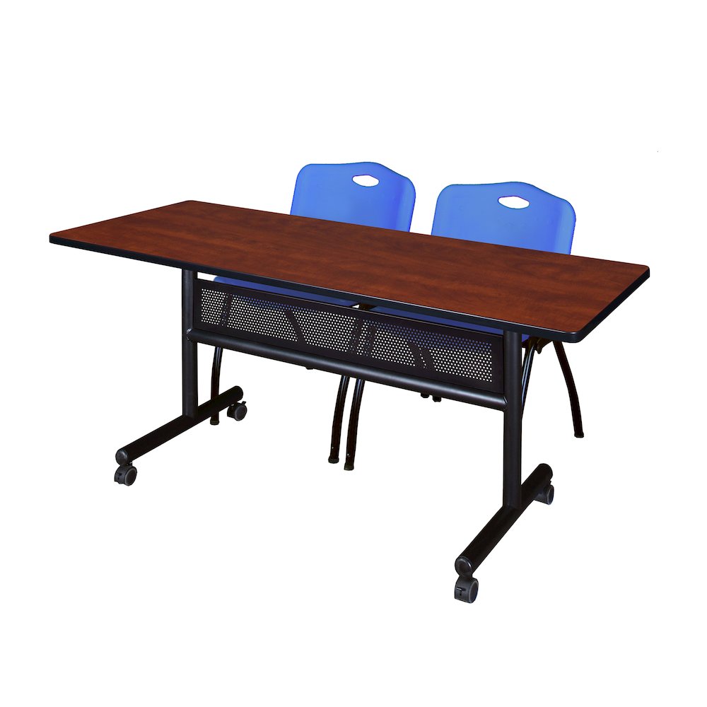 60 x 24 in. Flip-Top Privacy Nesting Table- Cherry, 2 M Stack Chairs- Blue. Picture 1
