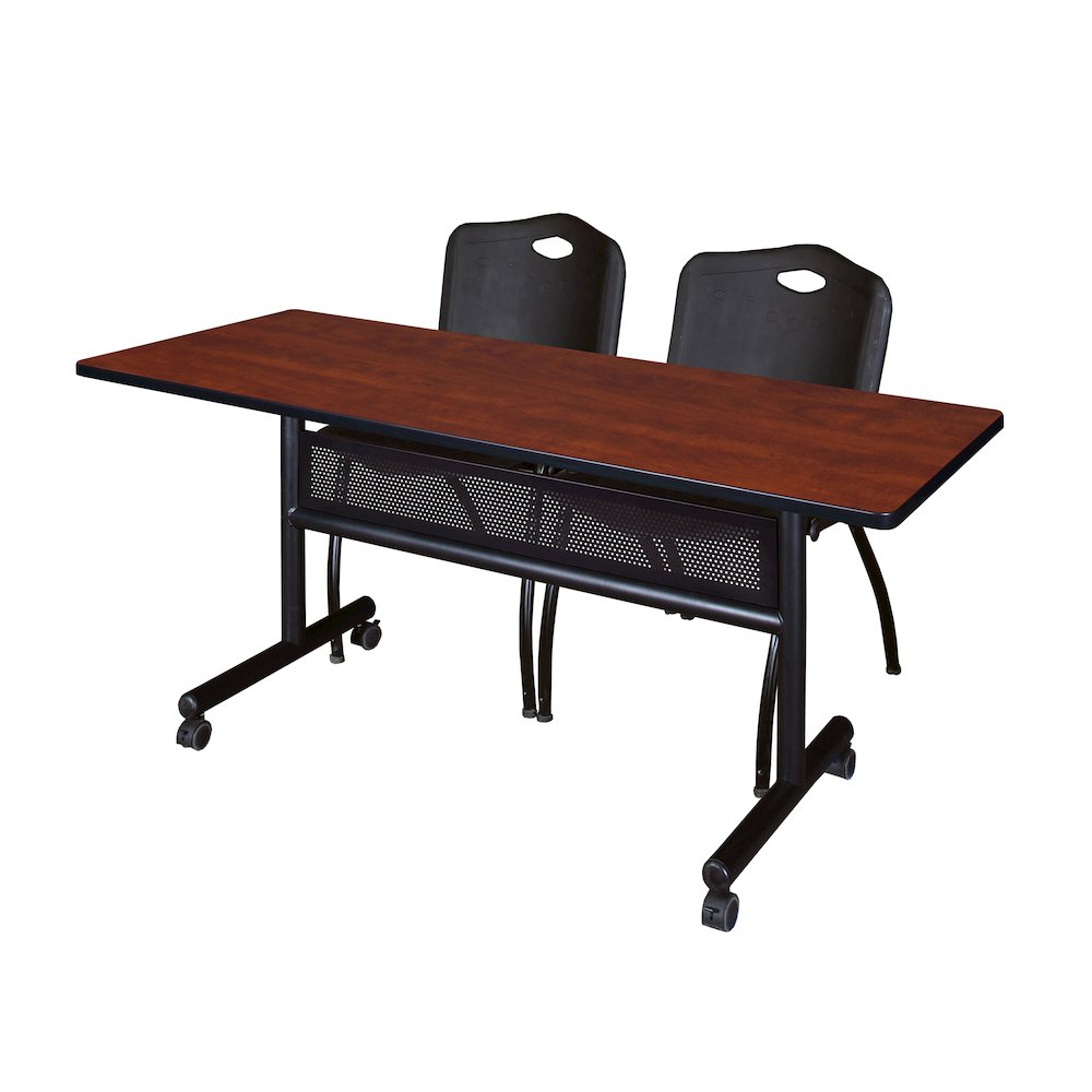 60 x 24 in. Flip-Top Privacy Nesting Table- Cherry, 2 M Stack Chairs- Black. Picture 1