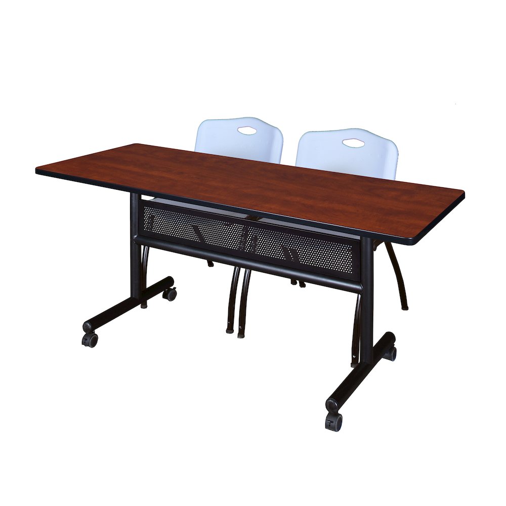 60 x 24 in. Flip-Top Privacy Nesting Table- Cherry, 2 M Stack Chairs- Grey. Picture 1