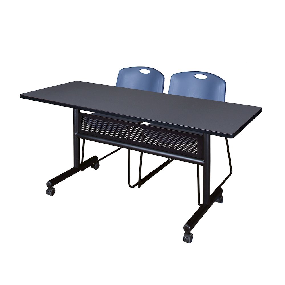 60 x 24 in. Flip-Top Privacy Nesting Table- Grey, 2 Zeng Stack Chairs- Blue. Picture 1