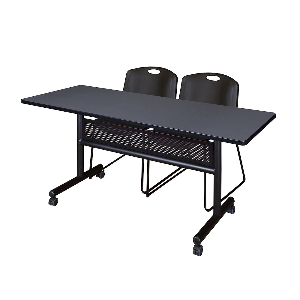 60 x 24 in. Flip-Top Privacy Nesting Table- Grey, 2 Zeng Stack Chairs- Black. Picture 1