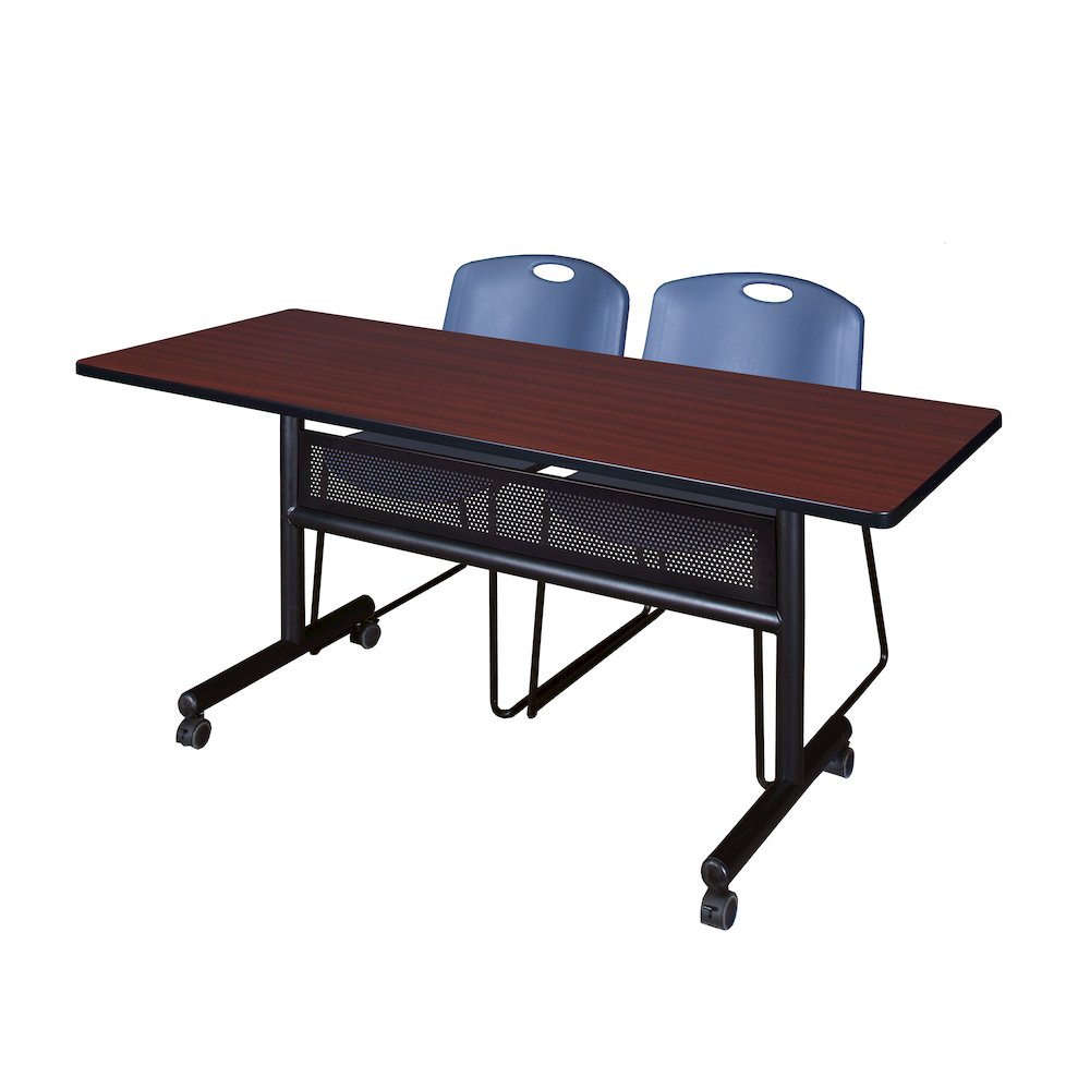60 x 24 in. Flip-Top Privacy Nesting Table- Mahogany, 2 Zeng Stack Chairs- Blue. Picture 1
