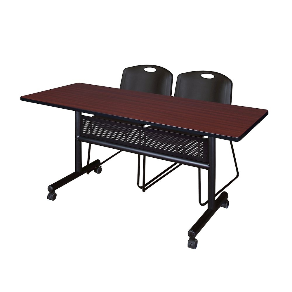 60 x 24 in. Flip-Top Privacy Nesting Table- Mahogany, 2 Zeng Stack Chairs- Black. Picture 1