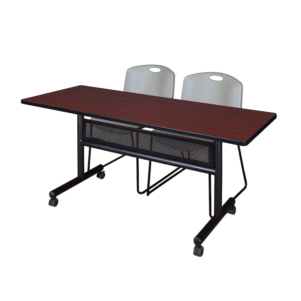 60 x 24 in. Flip-Top Privacy Nesting Table- Mahogany, 2 Zeng Stack Chairs- Grey. Picture 1