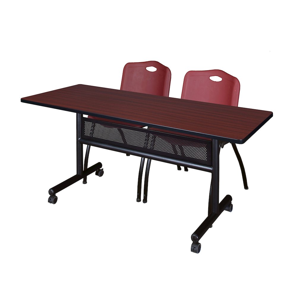 60 x 24 in. Flip-Top Privacy Nesting Table- Mahogany, 2 M Stack Chairs- Burgundy. Picture 1