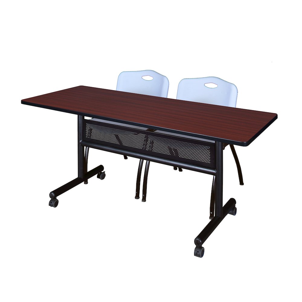 60 x 24 in. Flip-Top Privacy Nesting Table- Mahogany, 2 M Stack Chairs- Grey. Picture 1