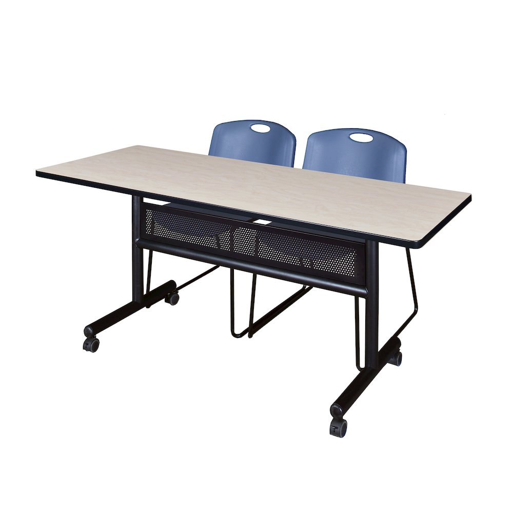 60 x 24 in. Flip-Top Privacy Nesting Table- Maple, 2 Zeng Stack Chairs- Blue. Picture 1