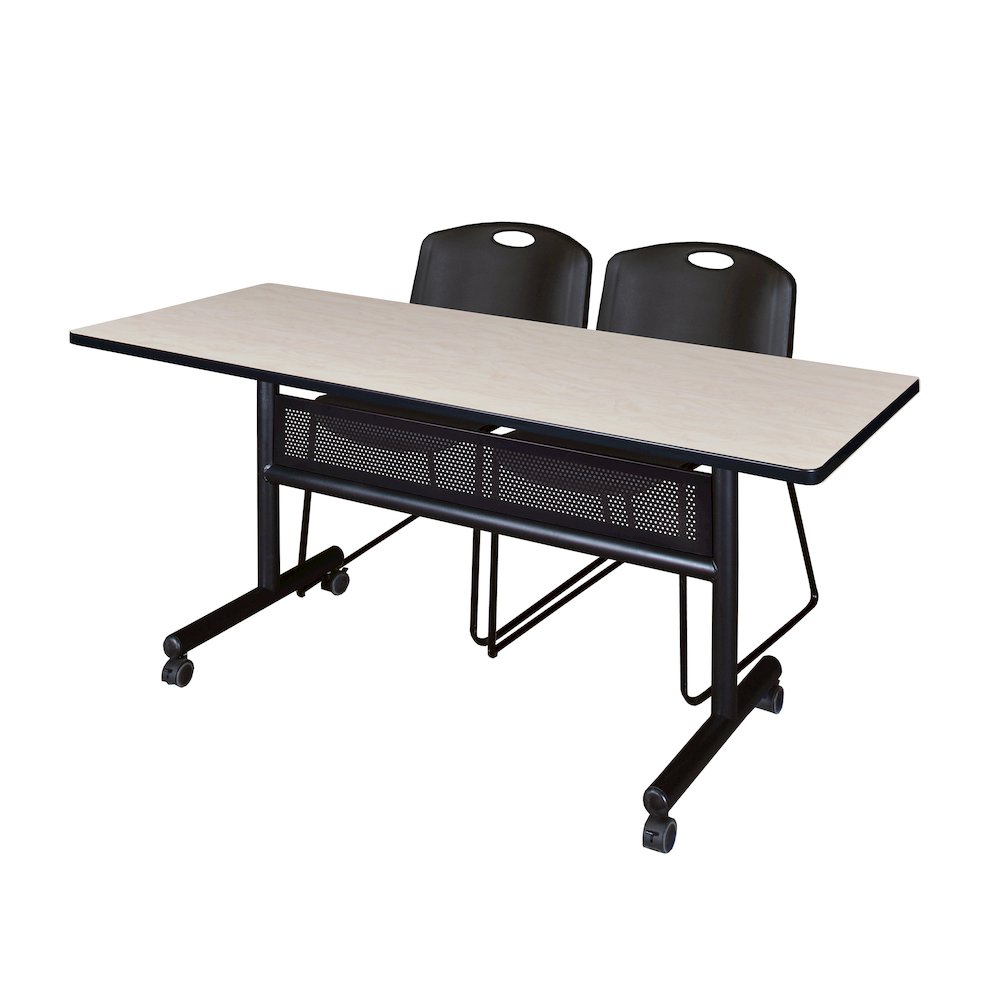 60 x 24 in. Flip-Top Privacy Nesting Table- Maple, 2 Zeng Stack Chairs- Black. Picture 1