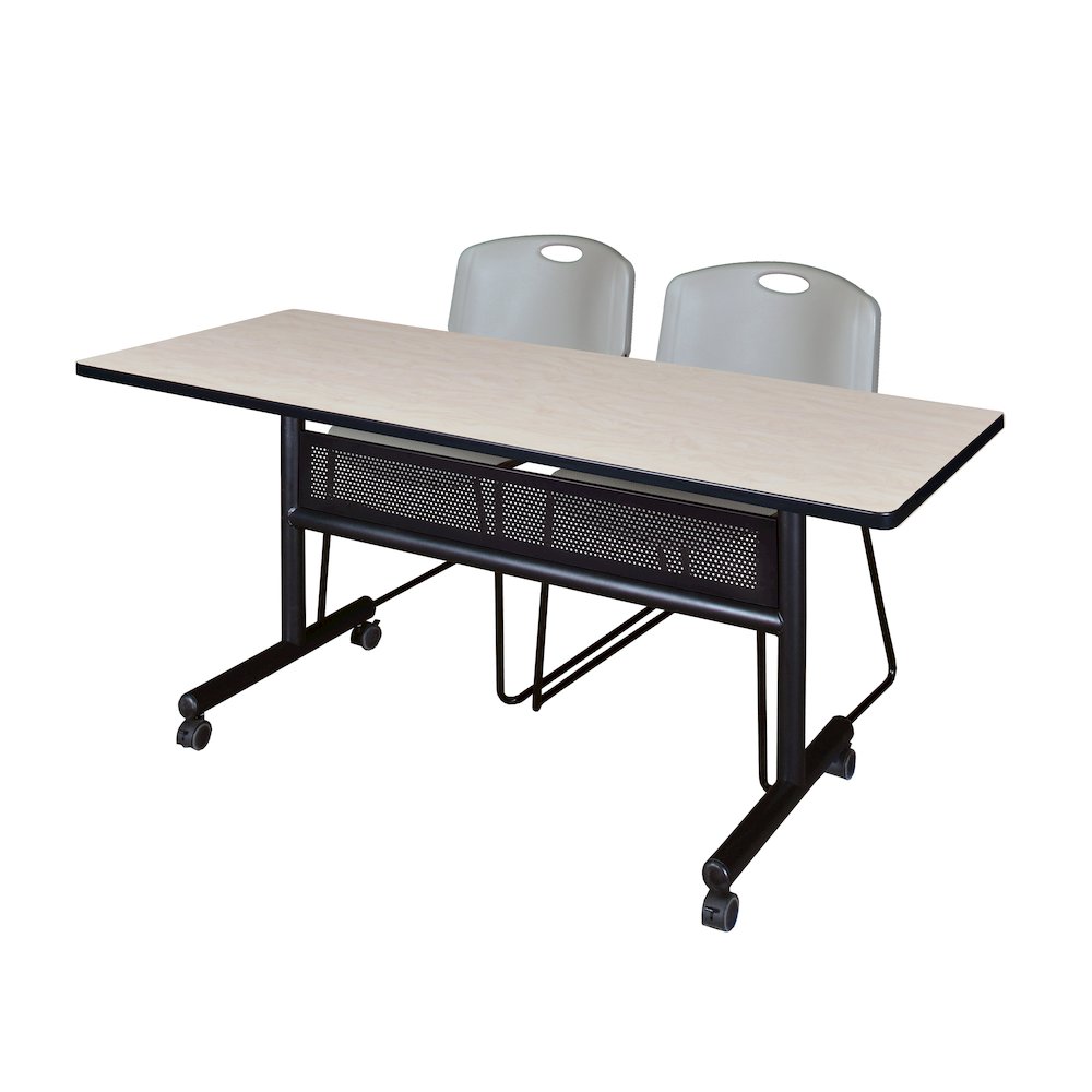 60 x 24 in. Flip-Top Privacy Nesting Table- Maple, 2 Zeng Stack Chairs- Grey. Picture 1