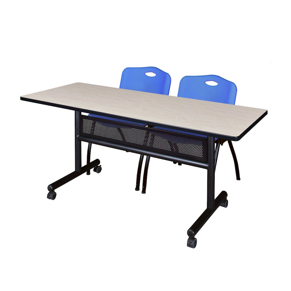 60 x 24 in. Flip-Top Privacy Nesting Table- Maple, 2 M Stack Chairs- Blue. Picture 1