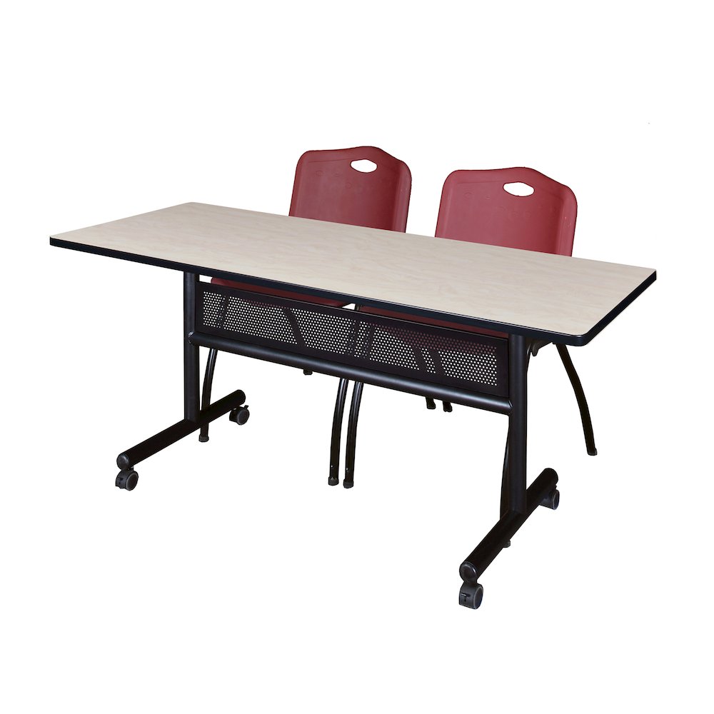 60 x 24 in. Flip-Top Privacy Nesting Table- Maple, 2 M Stack Chairs- Burgundy. Picture 1
