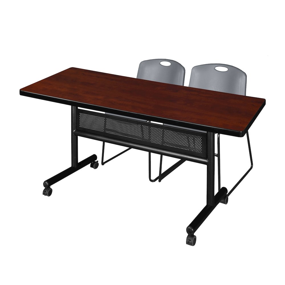 60 x 30 in. Flip-Top Privacy Nesting Table- Cherry, 2 Zeng Stack Chairs- Grey. Picture 1