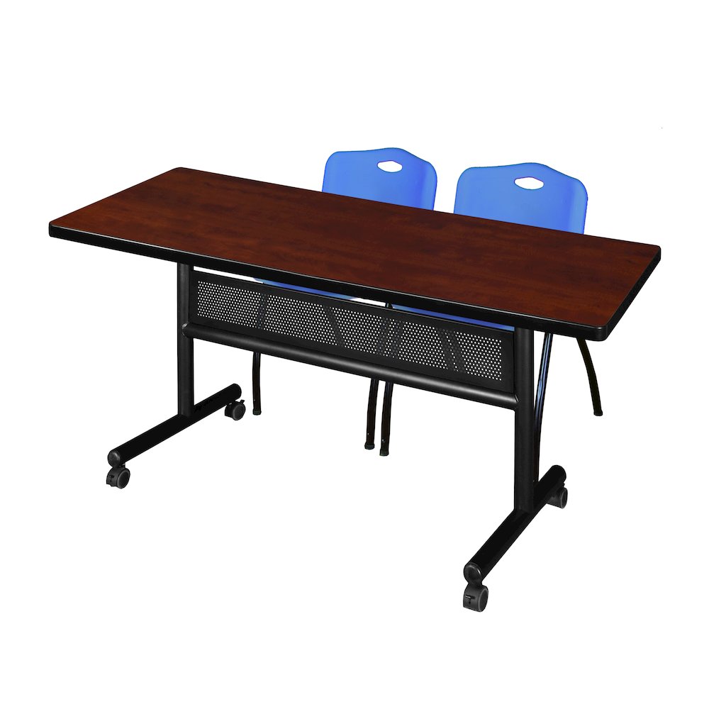 60 x 30 in. Flip-Top Privacy Nesting Table- Cherry, 2 M Stack Chairs- Blue. Picture 1