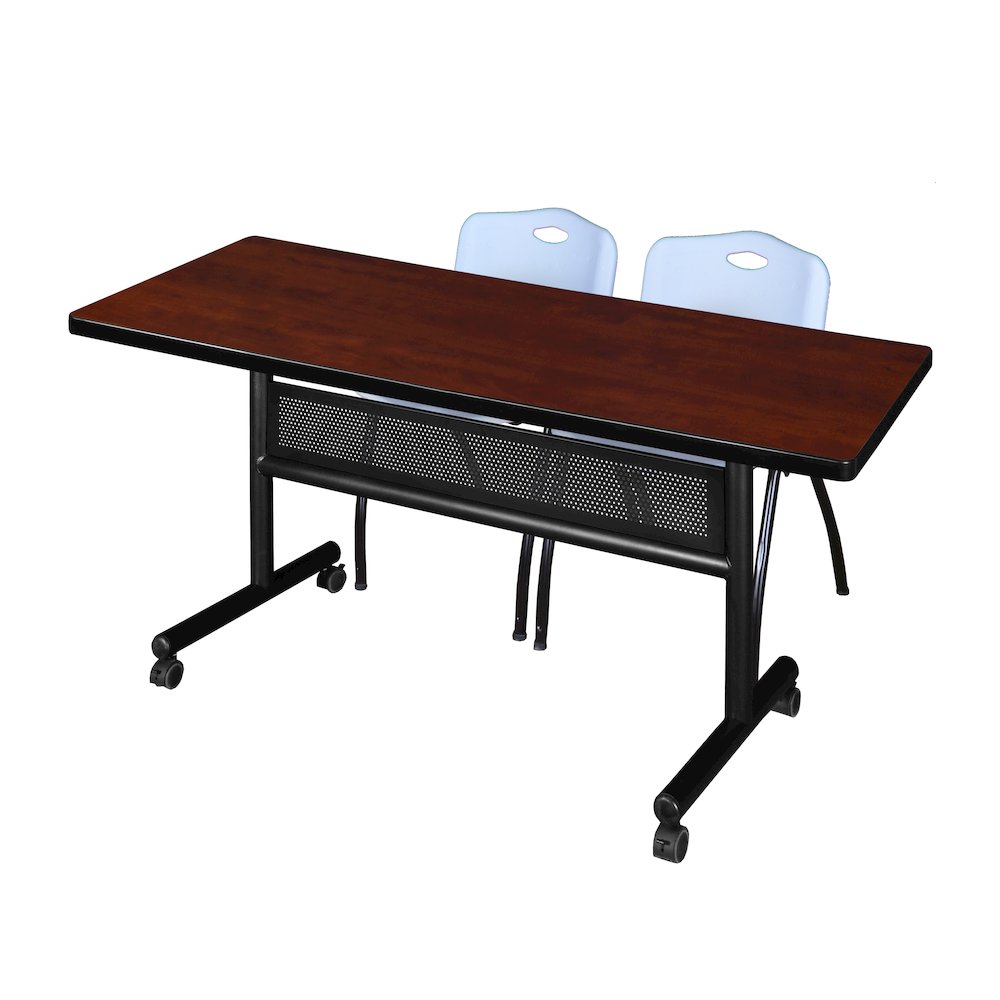 60 x 30 in. Flip-Top Privacy Nesting Table- Cherry, 2 M Stack Chairs- Grey. Picture 1