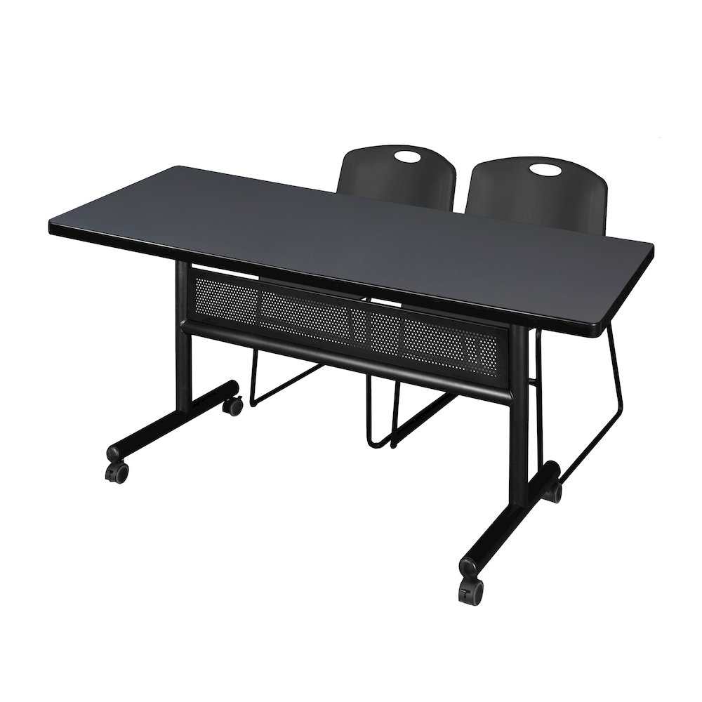 60 x 30 in. Flip-Top Privacy Nesting Table- Grey, 2 Zeng Stack Chairs- Black. Picture 1