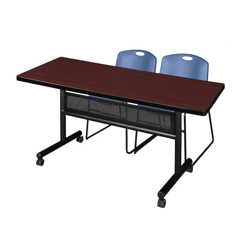 60 x 30 in. Flip-Top Privacy Nesting Table- Mahogany, 2 Zeng Stack Chairs- Blue. Picture 1