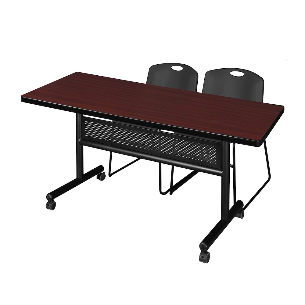 60 x 30 in. Flip-Top Privacy Nesting Table- Mahogany, 2 Zeng Stack Chairs- Black. Picture 1