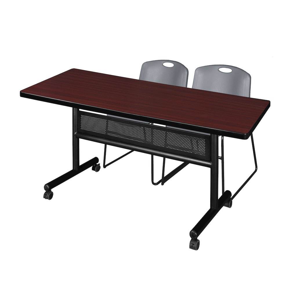 60 x 30 in. Flip-Top Privacy Nesting Table- Mahogany, 2 Zeng Stack Chairs- Grey. Picture 1