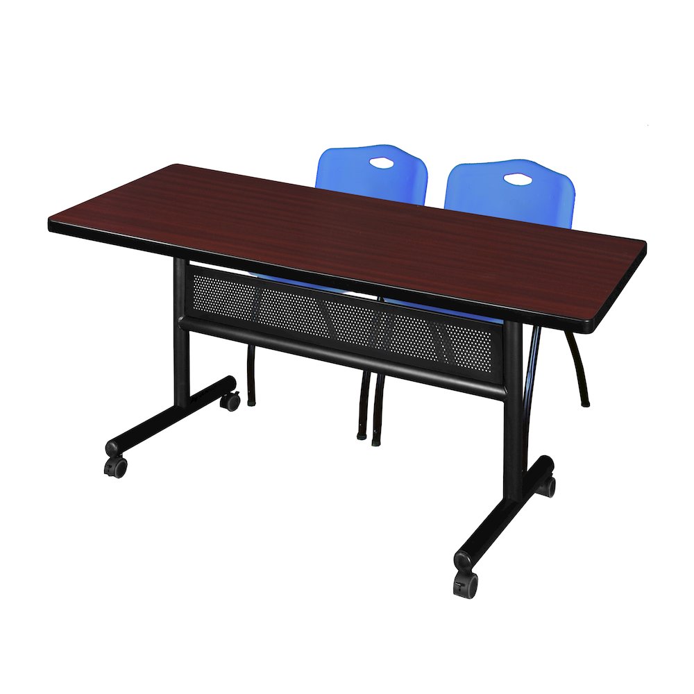 60 x 30 in. Flip-Top Privacy Nesting Table- Mahogany, 2 M Stack Chairs- Blue. Picture 1