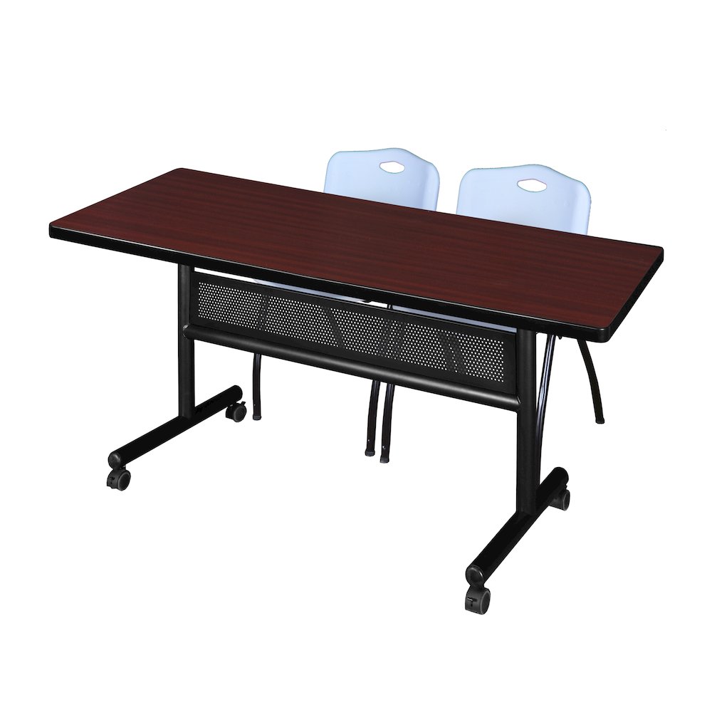 60 x 30 in. Flip-Top Privacy Nesting Table- Mahogany, 2 M Stack Chairs- Grey. Picture 1