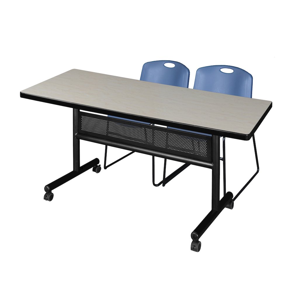 60 x 30 in. Flip-Top Privacy Nesting Table- Maple, 2 Zeng Stack Chairs- Blue. Picture 1