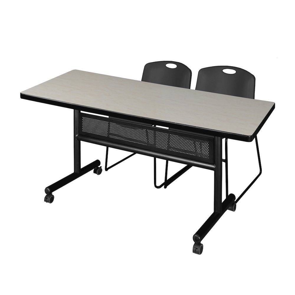 60 x 30 in. Flip-Top Privacy Nesting Table- Maple, 2 Zeng Stack Chairs- Black. Picture 1
