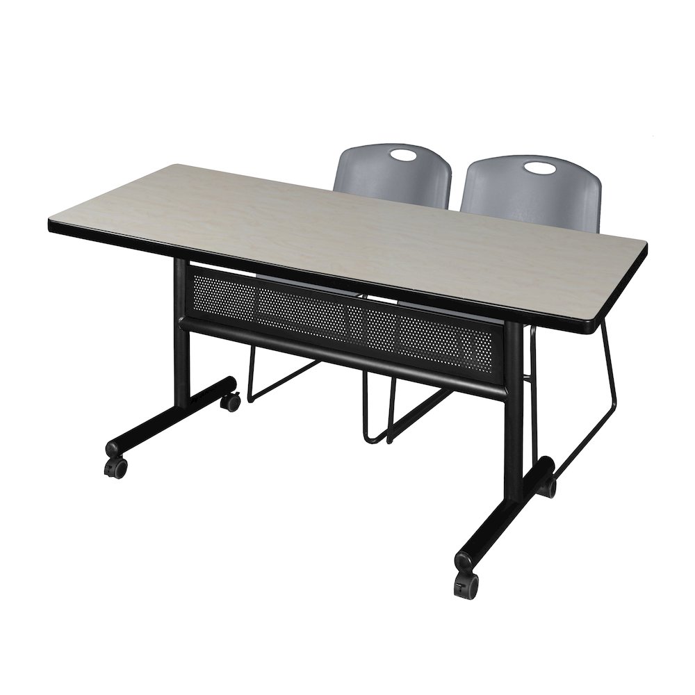60 x 30 in. Flip-Top Privacy Nesting Table- Maple, 2 Zeng Stack Chairs- Grey. Picture 1