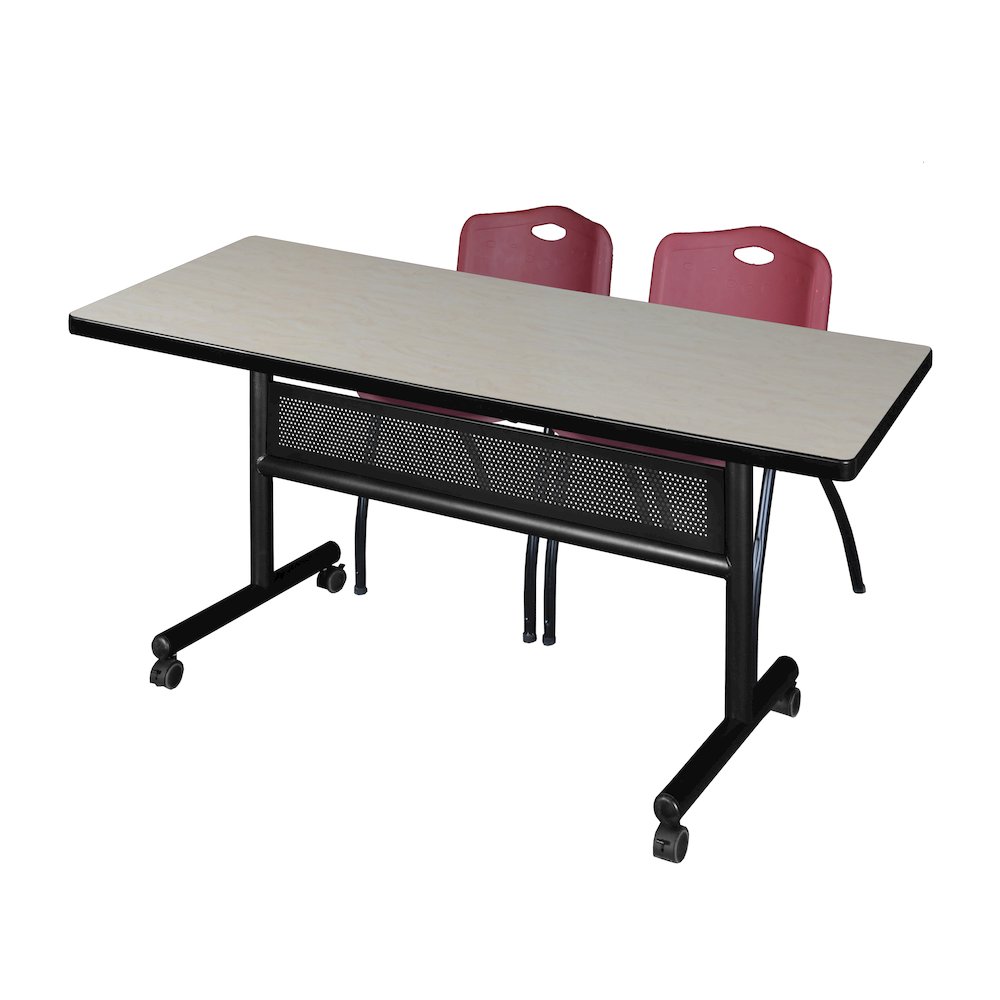 60 x 30 in. Flip-Top Privacy Nesting Table- Maple, 2 M Stack Chairs- Burgundy. Picture 1