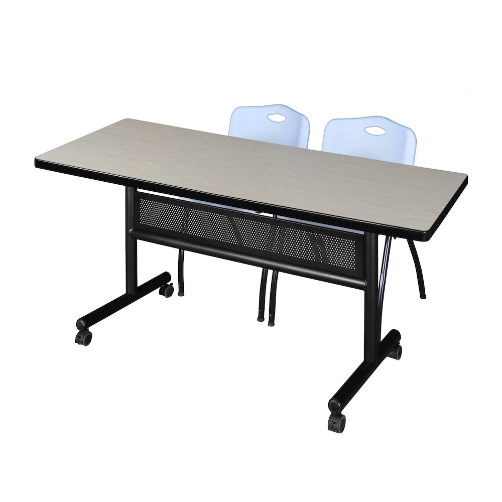 60 x 30 in. Flip-Top Privacy Nesting Table- Maple, 2 M Stack Chairs- Grey. Picture 1