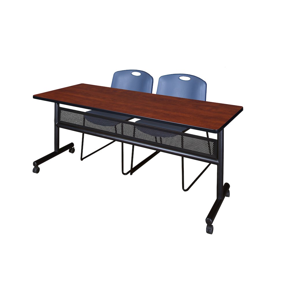 72 x 24 in. Flip-Top Privacy Nesting Table- Cherry, 2 Zeng Stack Chairs- Blue. Picture 1