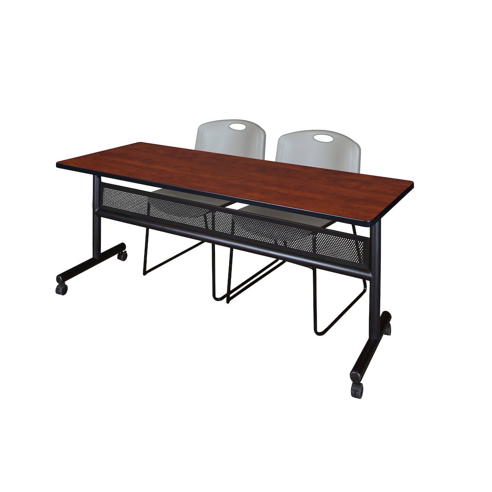 72 x 24 in. Flip-Top Privacy Nesting Table- Cherry, 2 Zeng Stack Chairs- Grey. Picture 1