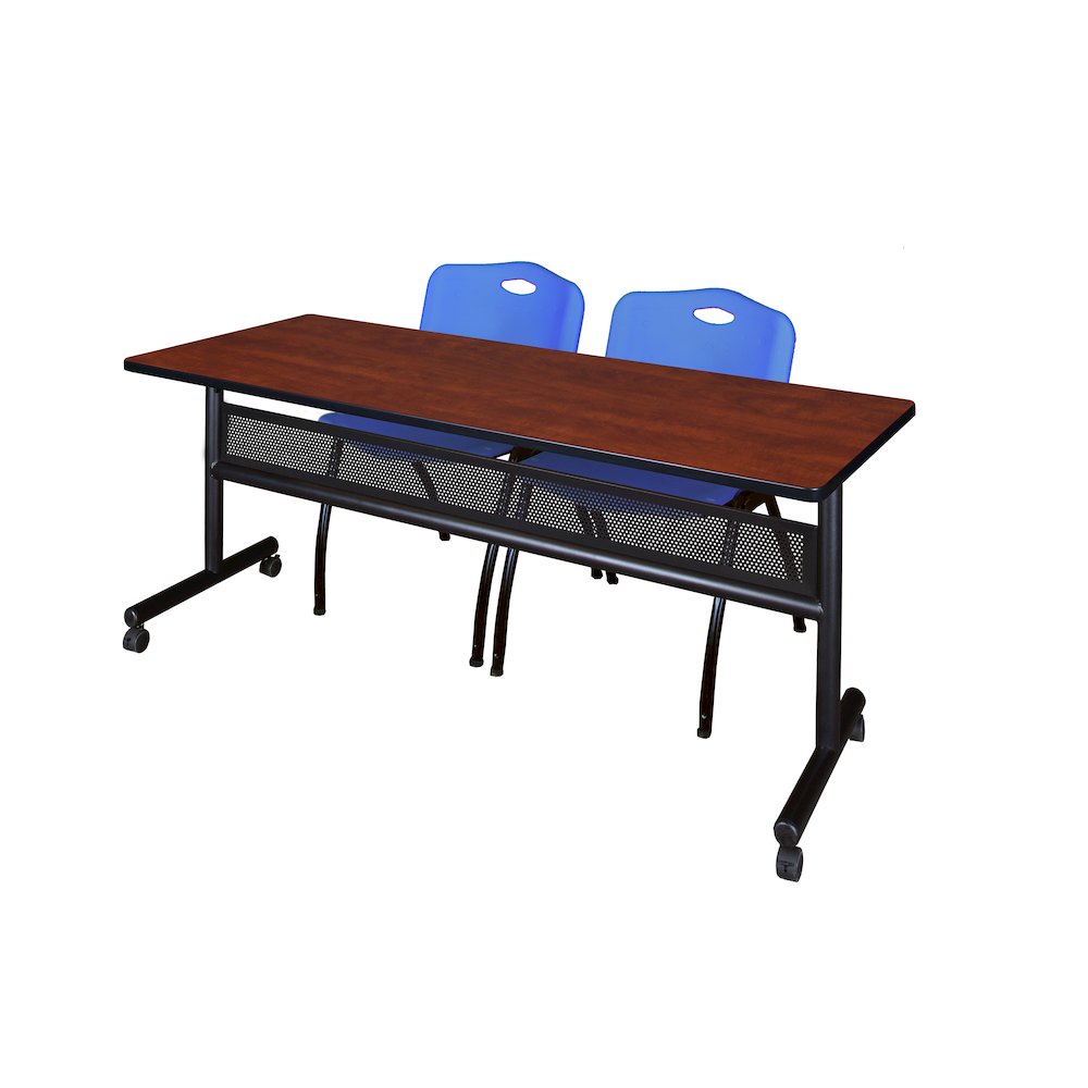72 x 24 in. Flip-Top Privacy Nesting Table- Cherry, 2 M Stack Chairs- Blue. Picture 1