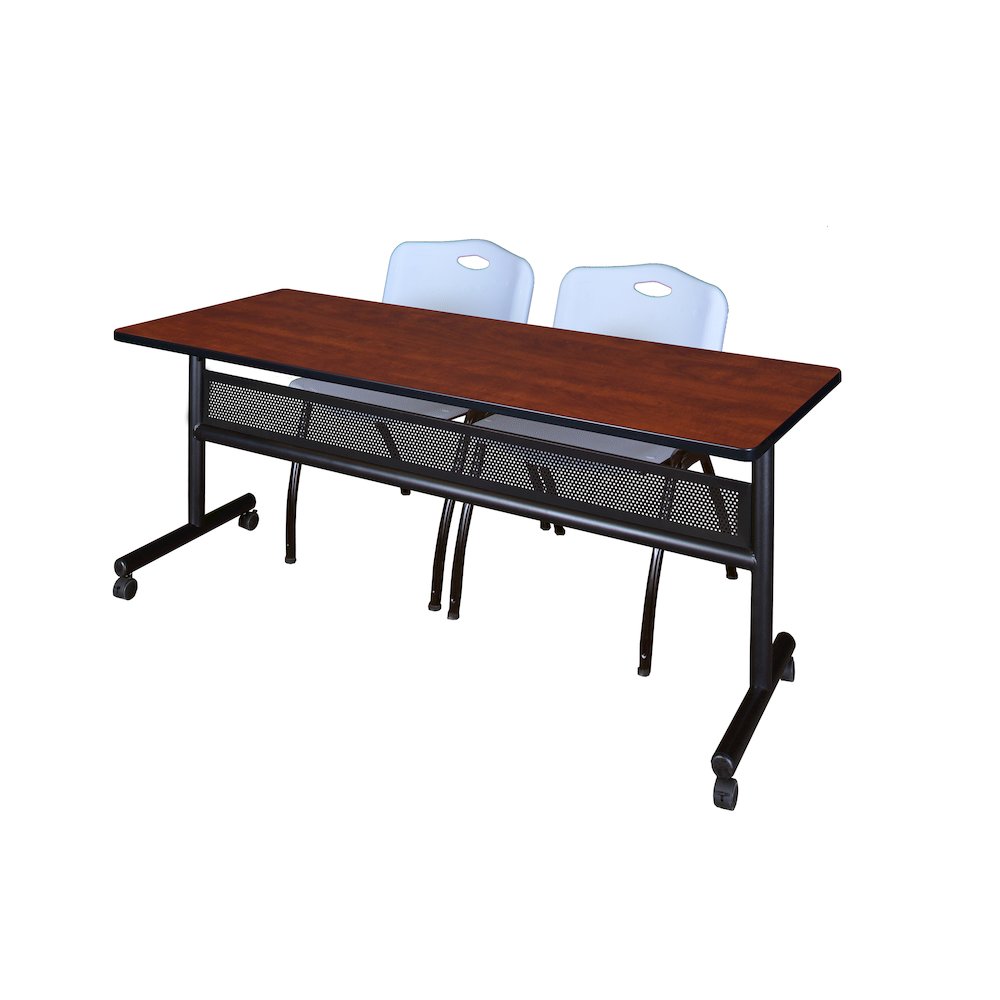 72 x 24 in. Flip-Top Privacy Nesting Table- Cherry, 2 M Stack Chairs- Grey. Picture 1