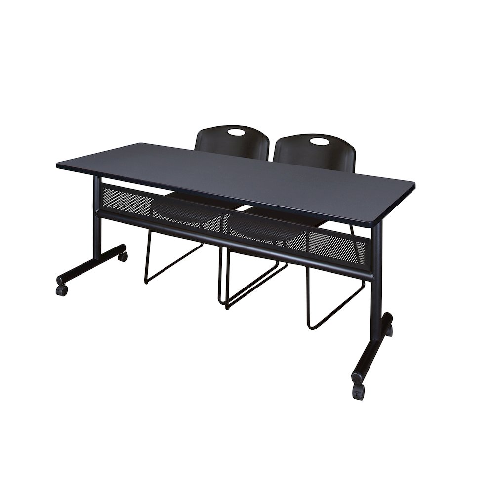 72 x 24 in. Flip-Top Privacy Nesting Table- Grey, 2 Zeng Stack Chairs- Black. Picture 1
