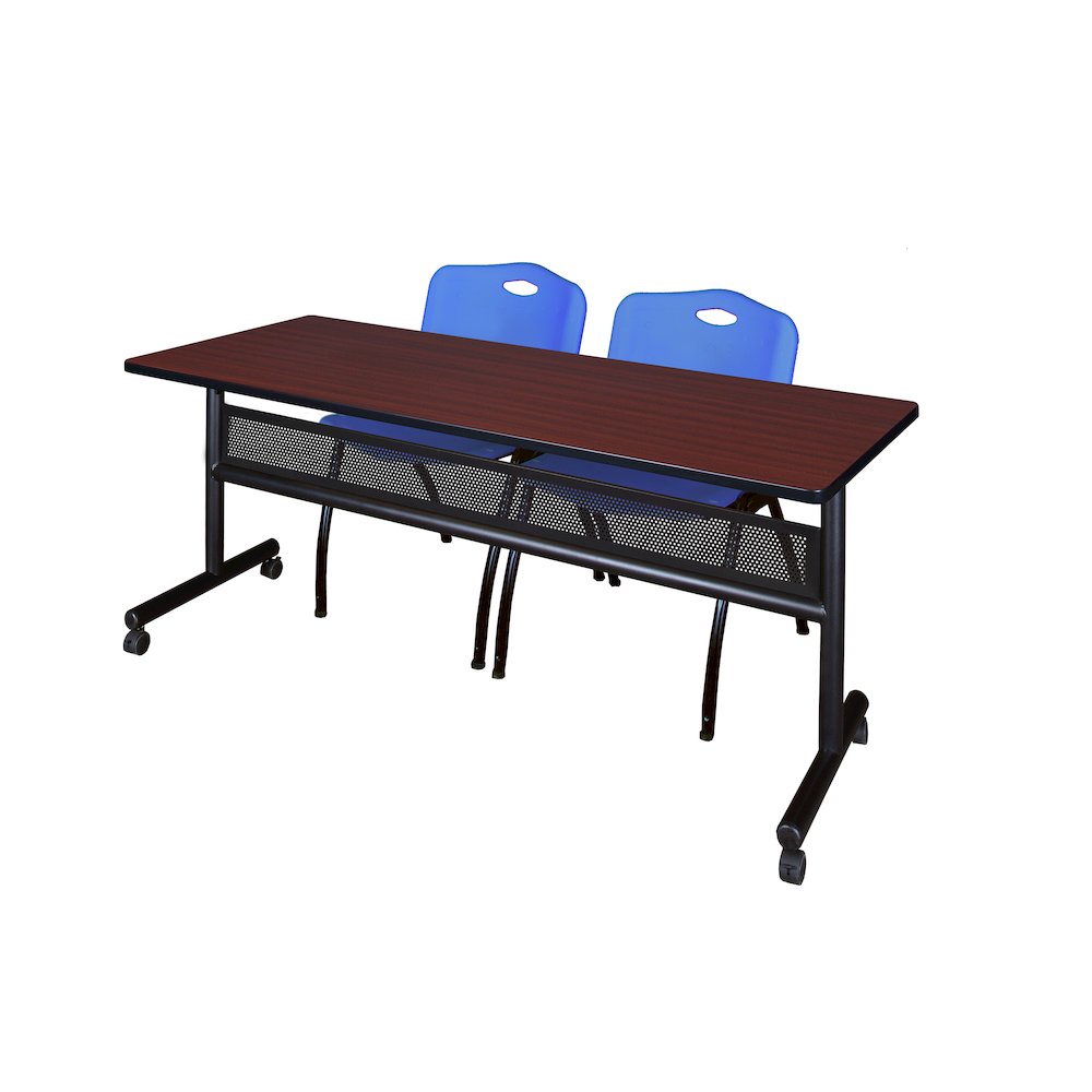72 x 24 in. Flip-Top Privacy Nesting Table- Mahogany, 2 M Stack Chairs- Blue. Picture 1