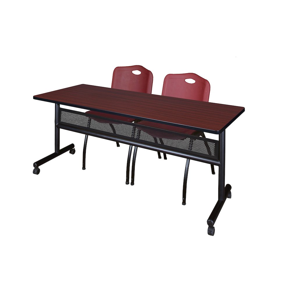 72 x 24 in. Flip-Top Privacy Nesting Table- Mahogany, 2 M Stack Chairs- Burgundy. Picture 1