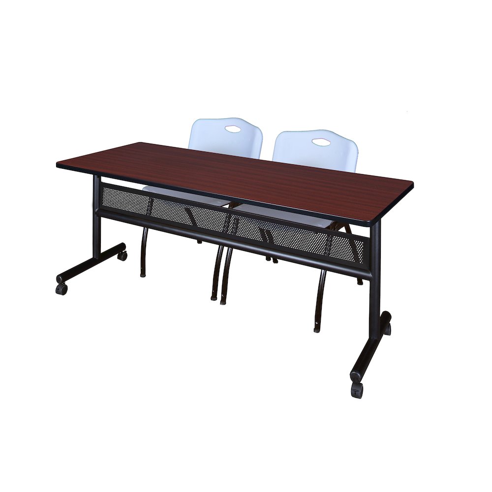 72 x 24 in. Flip-Top Privacy Nesting Table- Mahogany, 2 M Stack Chairs- Grey. Picture 1